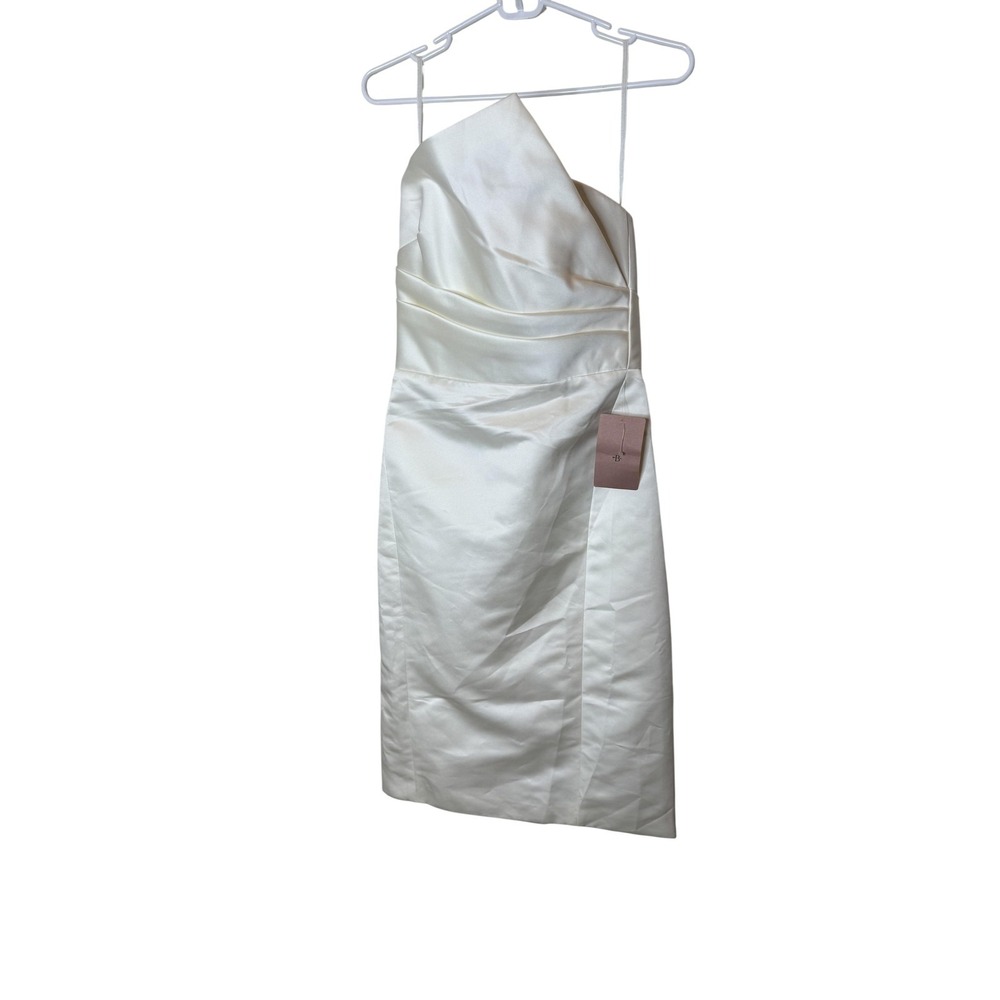 Amsale Dress Womens 6 White Satin One Shoulder Sheath Knee Length Bridal Wedding